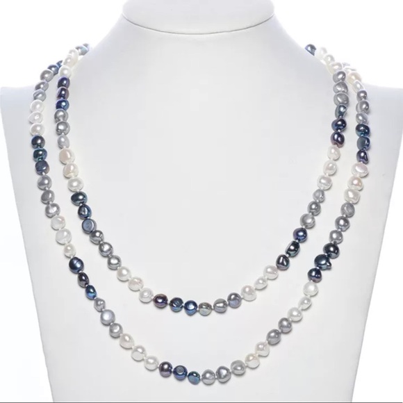 Charcoal Gray And White Cultured Freshwater Baroque Pearls Handmade Necklace 47